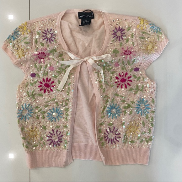 Authentic Y2K Pink Sequin Cardigan Short Sleeve - Picture 1 of 4